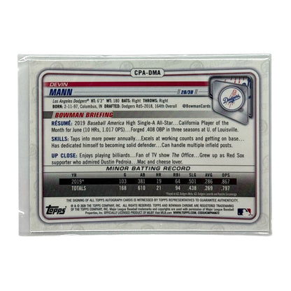 TOPPS MLBカード BOWMAN CHROME DEVIN MANN LOS ANGELES DODGERS #CPA-DMA 中古 IT1