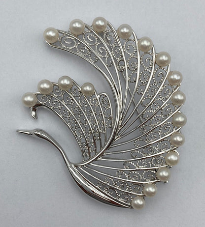 SILVER 3.0mm ベビーパール 18粒 ブローチ 鶴 白鳥 中古 D4