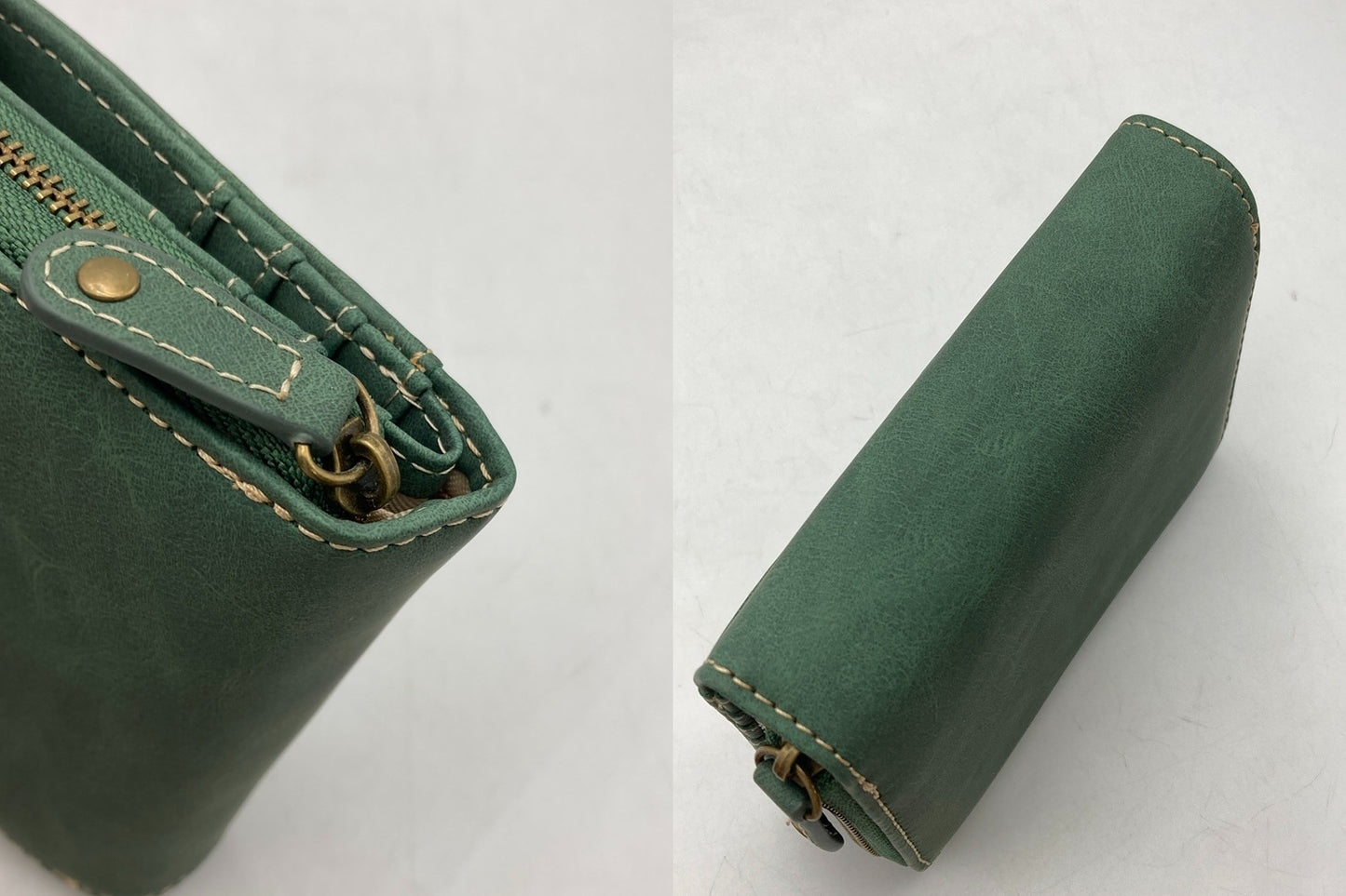 SNOOPY スヌーピー 2つ折り財布 コンパクト ラウンドファスナー 刺繍 グリーン 中古 D4