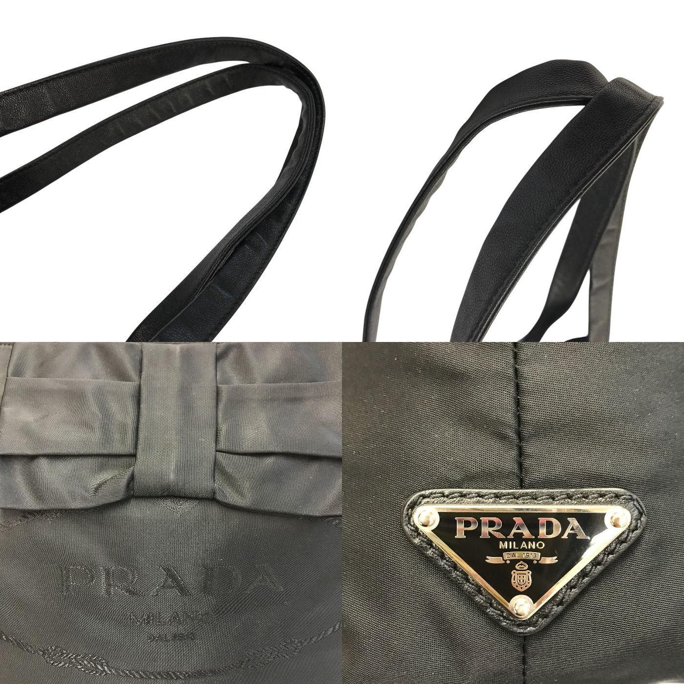 PRADA プラダ トートバッグ レディース リボン ロゴ ナイロン レザーハンドル 三角プレート A4収納可 ブラック 中古 T1