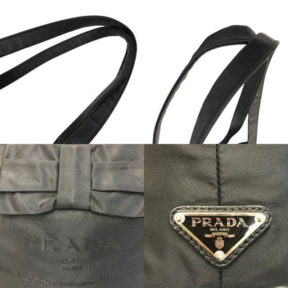 PRADA プラダ トートバッグ レディース リボン ロゴ ナイロン レザーハンドル 三角プレート A4収納可 ブラック 中古 T1