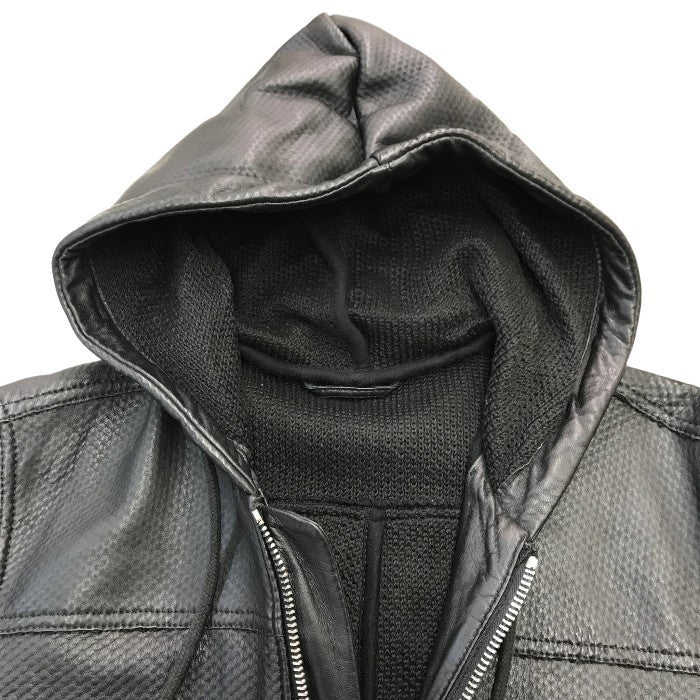 DIESEL ディーゼル レザーパーカー メンズ シープスキン 羊革 フルジップ ジャケット エンボス加工 フード ブラック Mサイズ 中古 T1