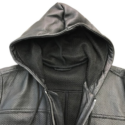 DIESEL ディーゼル レザーパーカー メンズ シープスキン 羊革 フルジップ ジャケット エンボス加工 フード ブラック Mサイズ 中古 T1