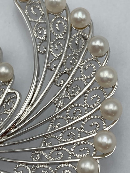 SILVER 3.0mm ベビーパール 18粒 ブローチ 鶴 白鳥 中古 D4