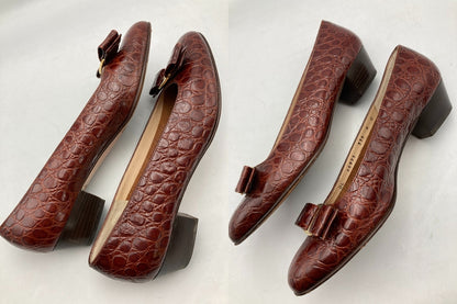 Salvatore Ferragamo サルヴァトーレフェラガモ ヴァラリボン 型押しレザー パンプス ブラウン サイズ8(約25.5cm) 中古 D4