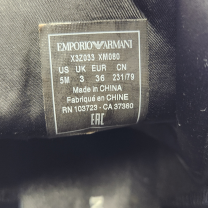 EMPORIO ARMANI スニーカー レディース ハイカット ロゴ スウェード レザー サテン ブラック 約22.5cm X3Z033 XM080 中古 T1