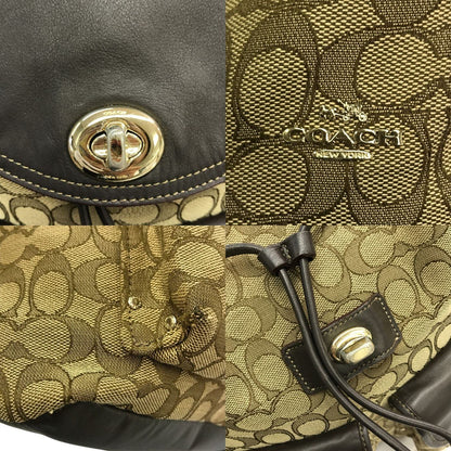 COACH コーチ シグネチャー リュック レディース バックパック デイパック 巾着 ターンロック ベージュ/ブラウン 中古 T1