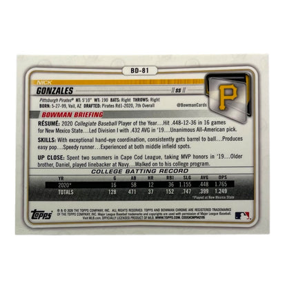 TOPPS MLBカード BOWMAN CHROME 1ST NICK GONZALES PITTSBURGH PIRATES #BD-81 中古 IT2
