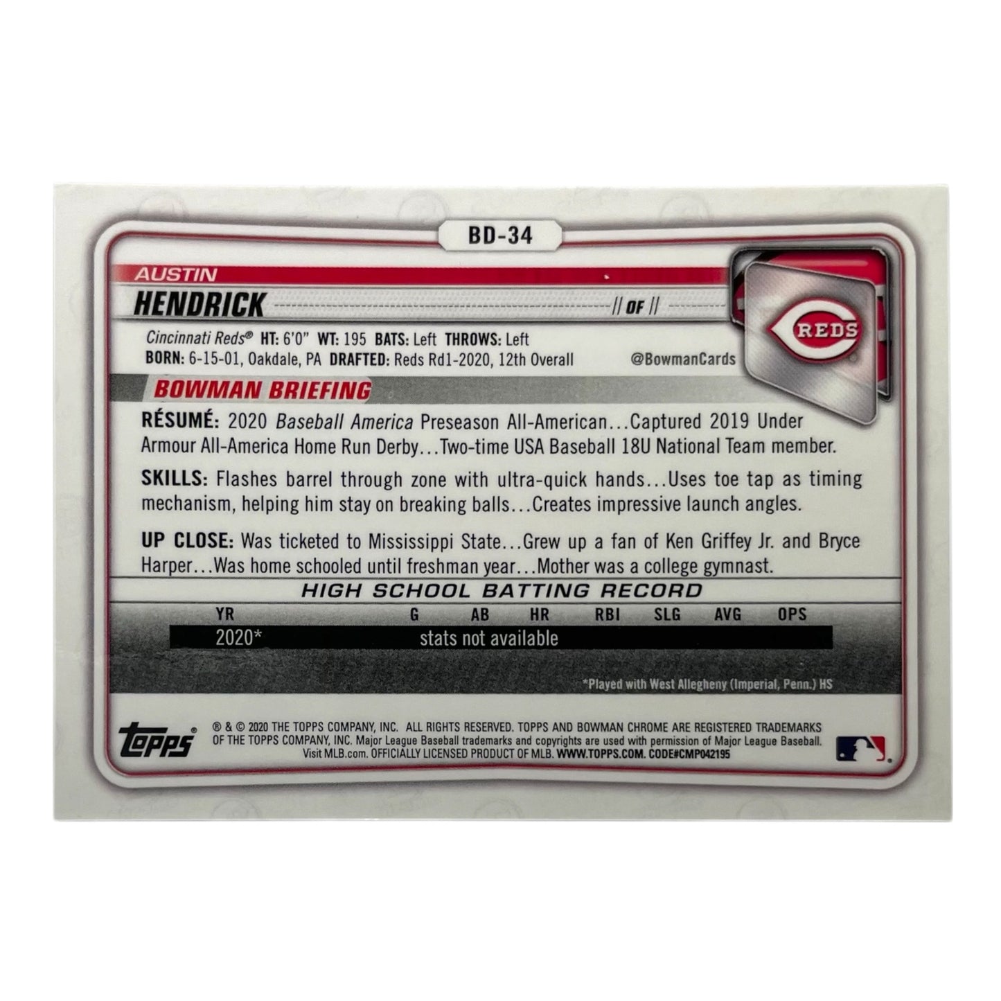 TOPPS MLBカード BOWMAN CHROME 1ST AUSTIN HENDRICK CINCINNATI REDS /250 #BD-34 中古 IT2