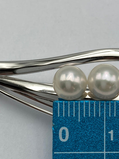 SILVER 6.0mmパール 3連 ブローチ リーフ 中古 D4