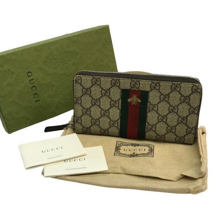 GUCCI グッチ GGスプリーム 長財布 ユニセックス ラウンドファスナー ジップ PVC 蜂 ビー 刺繍 シェリー ベージュ 408831 中古 T1