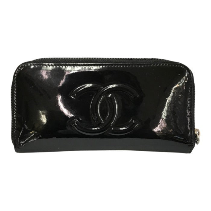 CHANEL シャネル 長財布 2つ折り エナメル カメリア ラウンドジップ ブラック 中古 T1