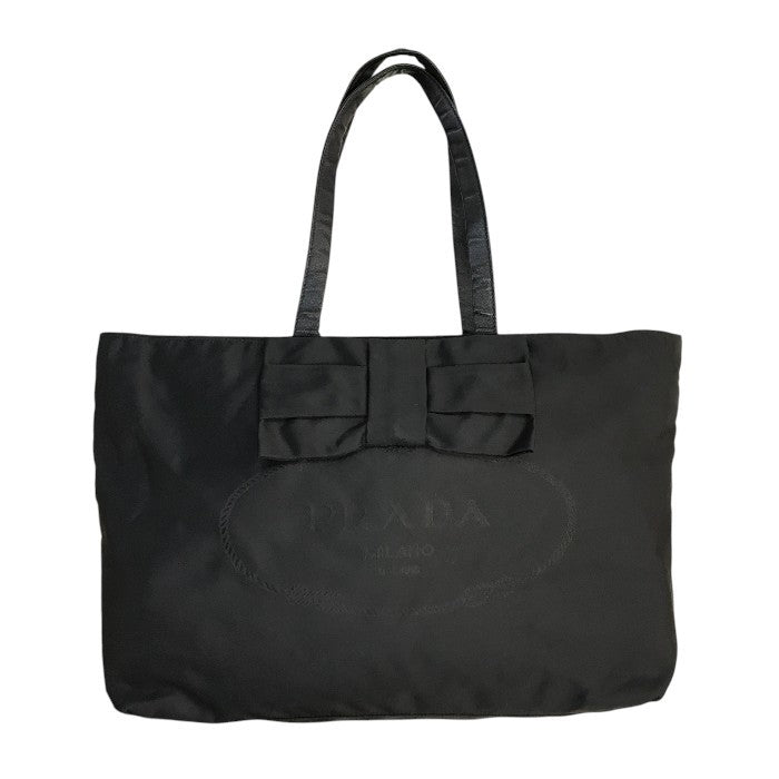 PRADA プラダ トートバッグ レディース リボン ロゴ ナイロン レザーハンドル 三角プレート A4収納可 ブラック 中古 T1