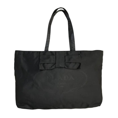 PRADA プラダ トートバッグ レディース リボン ロゴ ナイロン レザーハンドル 三角プレート A4収納可 ブラック 中古 T1