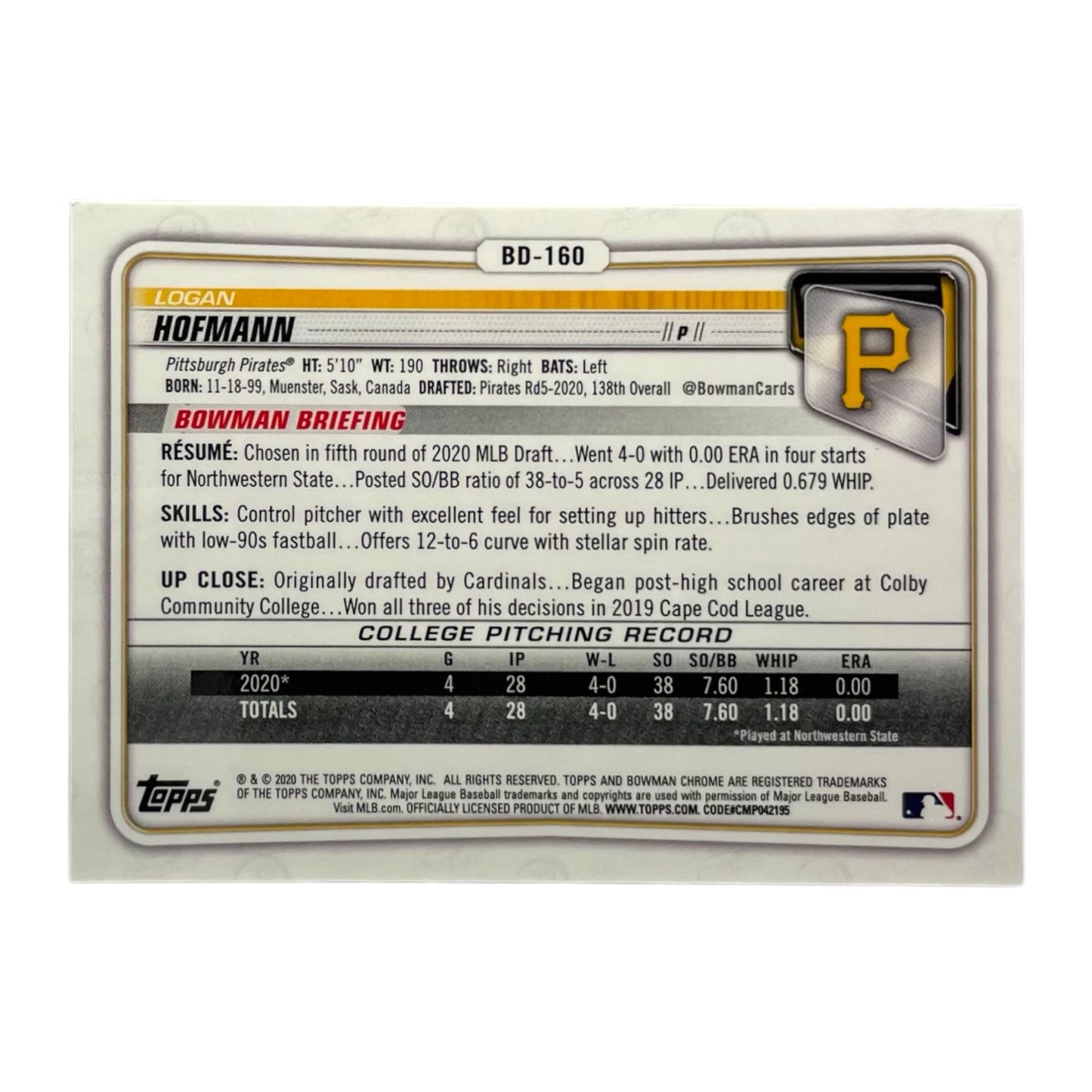 TOPPS MLBカード BOWMAN CHROME 1ST LOGAN HOFMANN PITTSBURGH PIRATES /150 #BD-160 中古 IT2