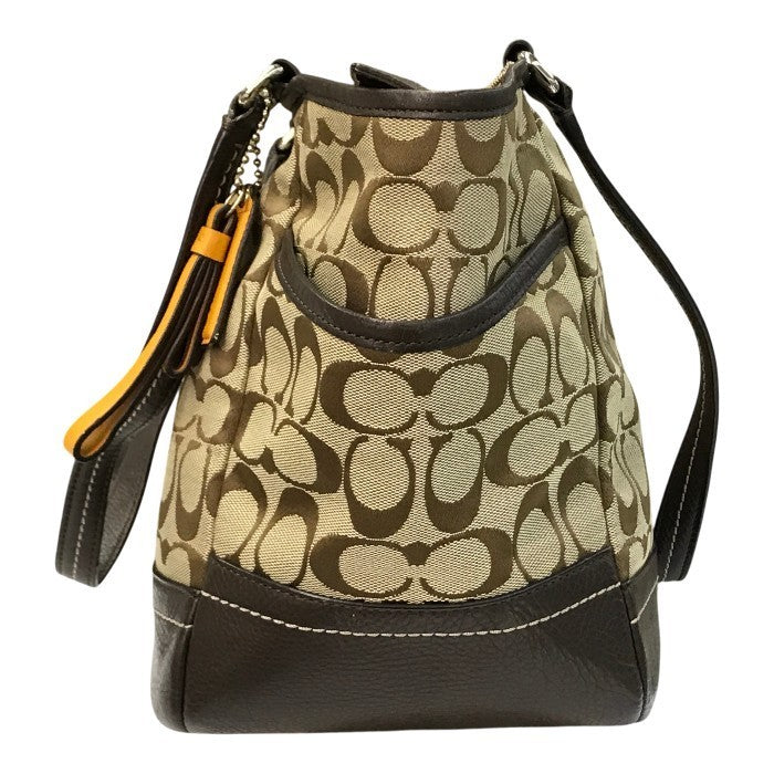 COACH コーチ シグネチャー トートバッグ レディース キャンバス/レザー ショルダー 大容量 カーキ/ブラウン F23297 中古 T1