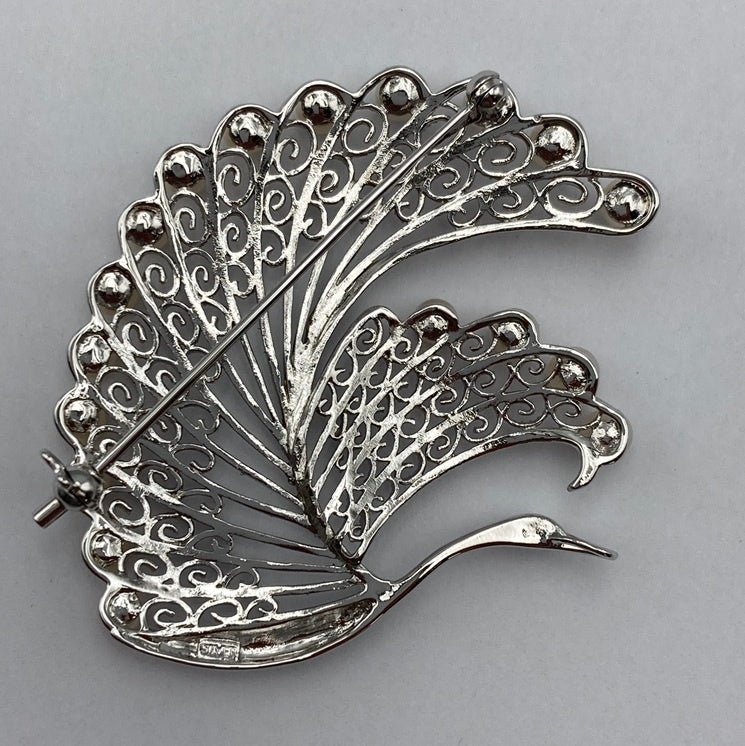 SILVER 3.0mm ベビーパール 18粒 ブローチ 鶴 白鳥 中古 D4