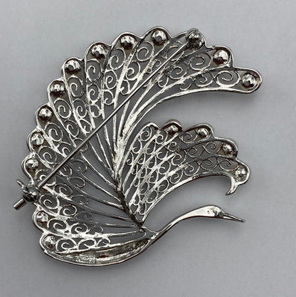 SILVER 3.0mm ベビーパール 18粒 ブローチ 鶴 白鳥 中古 D4