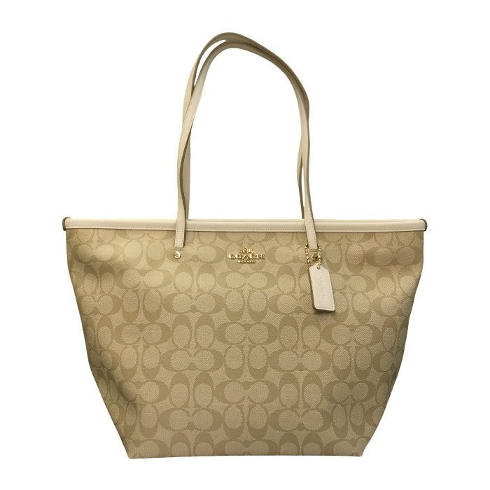 COACH コーチ トートバッグ レディース PVCシグネチャー ジップ ショルダー 通勤 ライトカーキ/ホワイト F34104 中古 T1