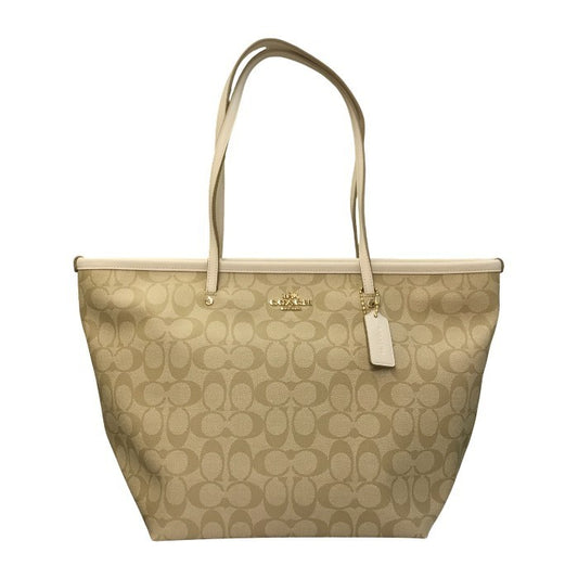 COACH コーチ トートバッグ レディース PVCシグネチャー ジップ ショルダー 通勤 ライトカーキ/ホワイト F34104 中古 T1
