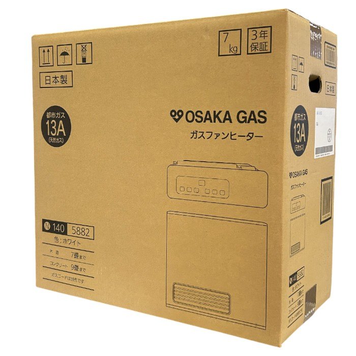 未開封品 大阪ガス ガスファンヒーター ホワイト 都市ガス用 13A 木造7畳まで/コンクリート9畳まで 140-5882 暖房器具 冬 家電 中古 W1