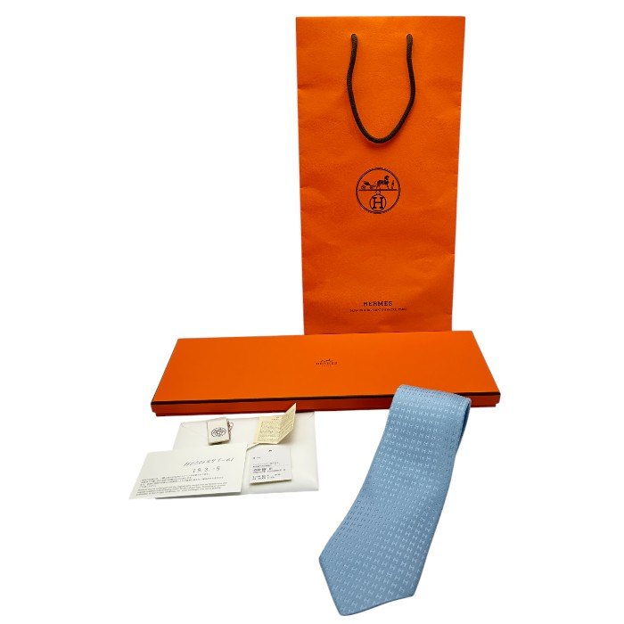 HERMES エルメス ネクタイ H030189T 61 ジャガード ファソネ H シルク100% ブルーシェル 30106 メンズ ビジネス 総柄 おしゃれ ブランド 水色 中古 W４