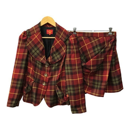 Vivienne Westwood RED LABEL ヴィヴィアンウエストウッド レッドレーベル ジャケット/ミニスカート 上下2点セット レディース ウール セットアップ チェック ラブ 変形 レッド 3サイズ 中古 T1