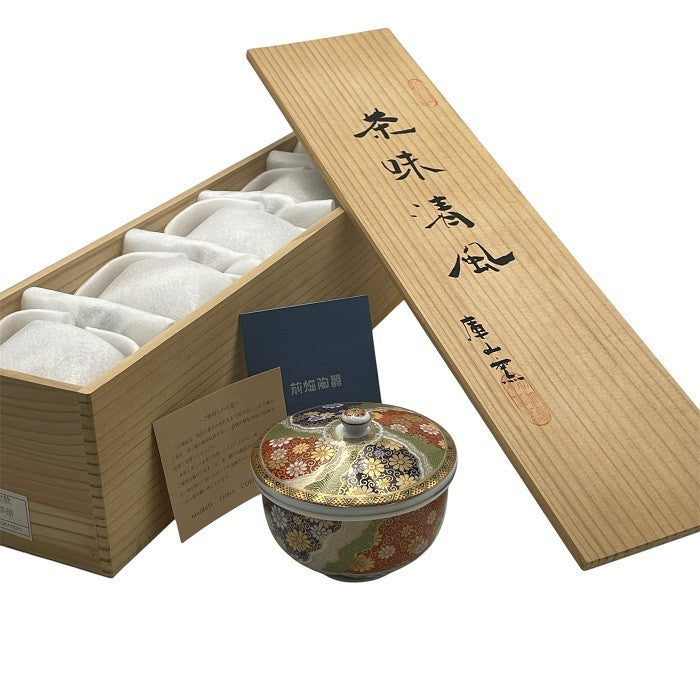 前畑陶器 庫山窯 金彩七宝紋 蓋付 煎茶揃 五客 MAEBATA 湯呑 湯飲み ふた付き 中古 R4