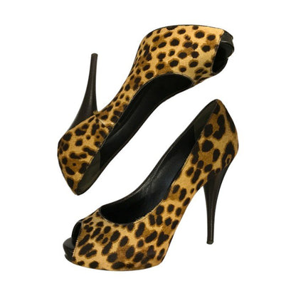 FENDI フェンディ パンプス レディース レオパード ハラコ オープントゥ ハイヒール ピンヒール 37.5 ブラウン 中古 T1