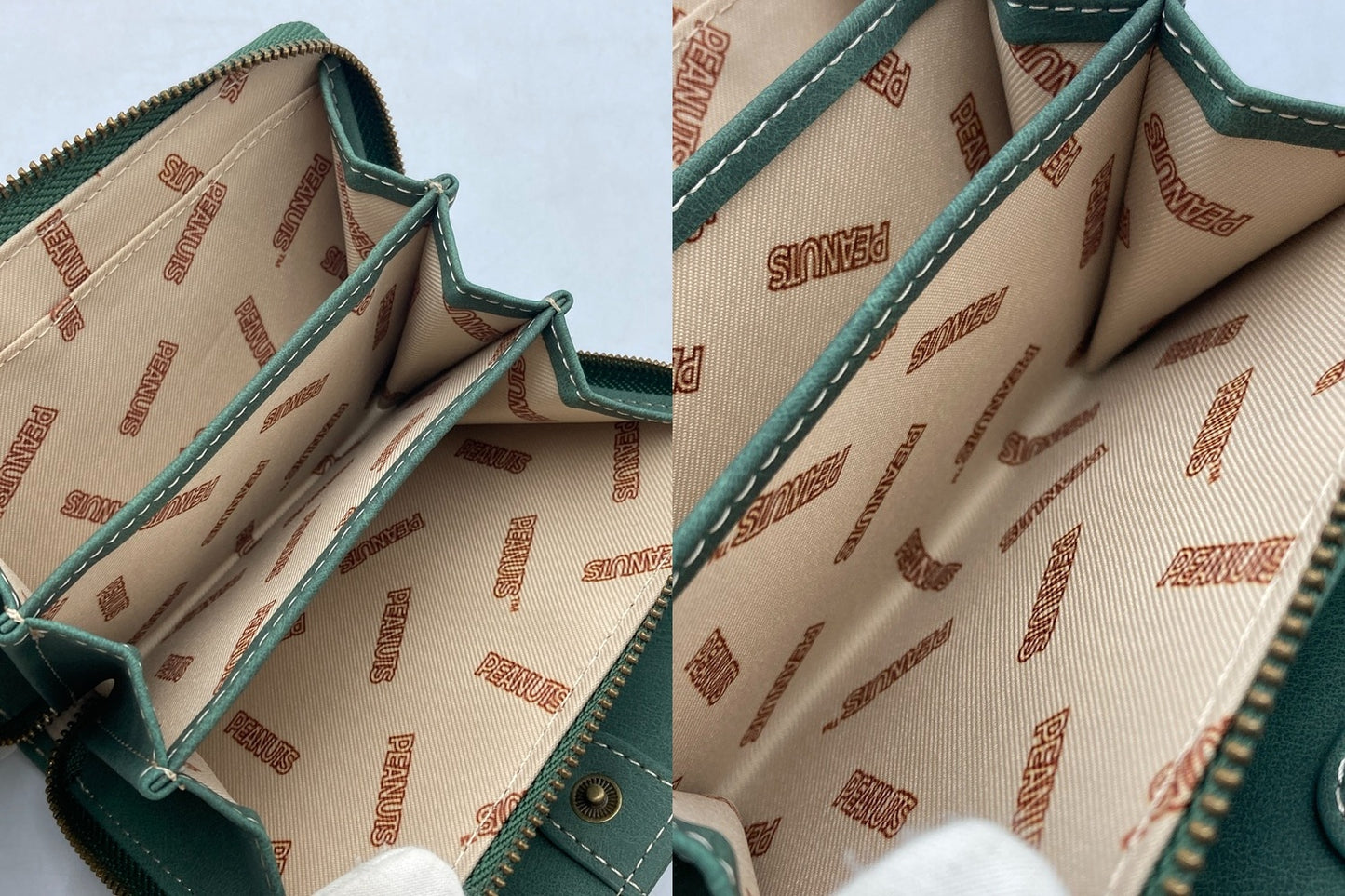 SNOOPY スヌーピー 2つ折り財布 コンパクト ラウンドファスナー 刺繍 グリーン 中古 D4