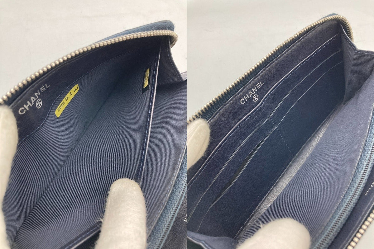 CHANEL シャネル マトラッセ ラウンドファスナー長財布 ダークネイビー シルバー金具 中古 D4