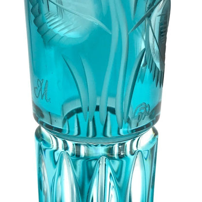 Meissener Bleikristall マイセン クリスタル 一輪挿し フラワーベース 花瓶 ハンドカット 花柄 ターコイズ 中古 T1