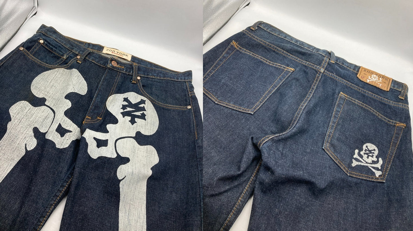 ZOO YORK ズーヨーク ボーンプリント デニムパンツ 34インチ メンズ 中古 D4