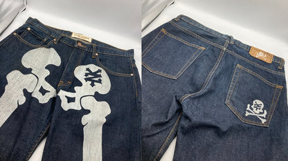 ZOO YORK ズーヨーク ボーンプリント デニムパンツ 34インチ メンズ 中古 D4