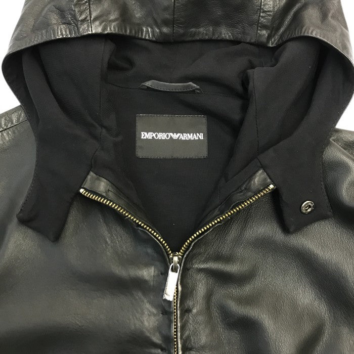EMPORIO ARMANI エンポリオアルマーニ レザージャケット メンズ ラムレザー フルジップ フード 異素材 切り替え ブラック 48サイズ P1R10P P1P17 中古 T1