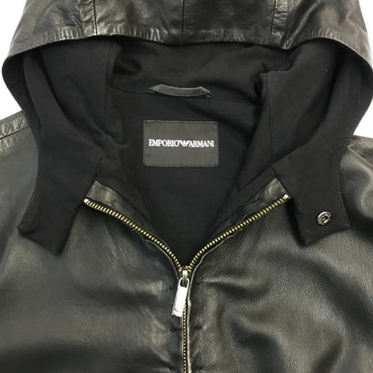 EMPORIO ARMANI エンポリオアルマーニ レザージャケット メンズ ラムレザー フルジップ フード 異素材 切り替え ブラック 48サイズ P1R10P P1P17 中古 T1
