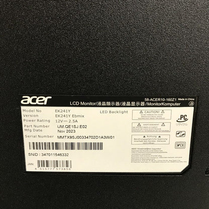 Acer AlphaLine スタンダードLCDモニター 23.8インチ ブラック LED液晶 ディスプレイ スピーカー非搭載 フルHD ノングレア 100Hz EK241Y Ebmix 中古 T1