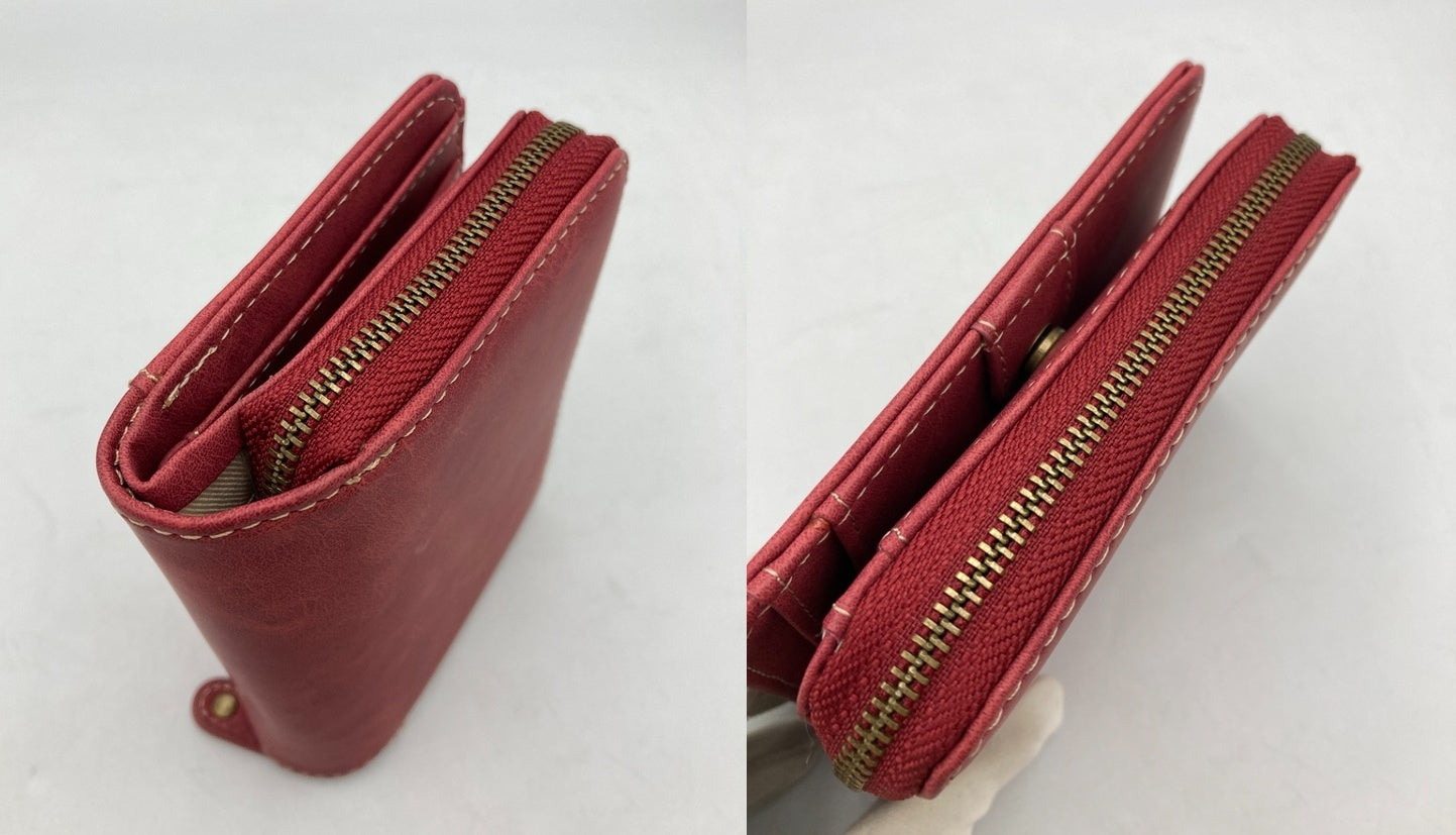 SNOOPY スヌーピー 2つ折り財布 コンパクト ラウンドファスナー 刺繍 レッド 中古 D4