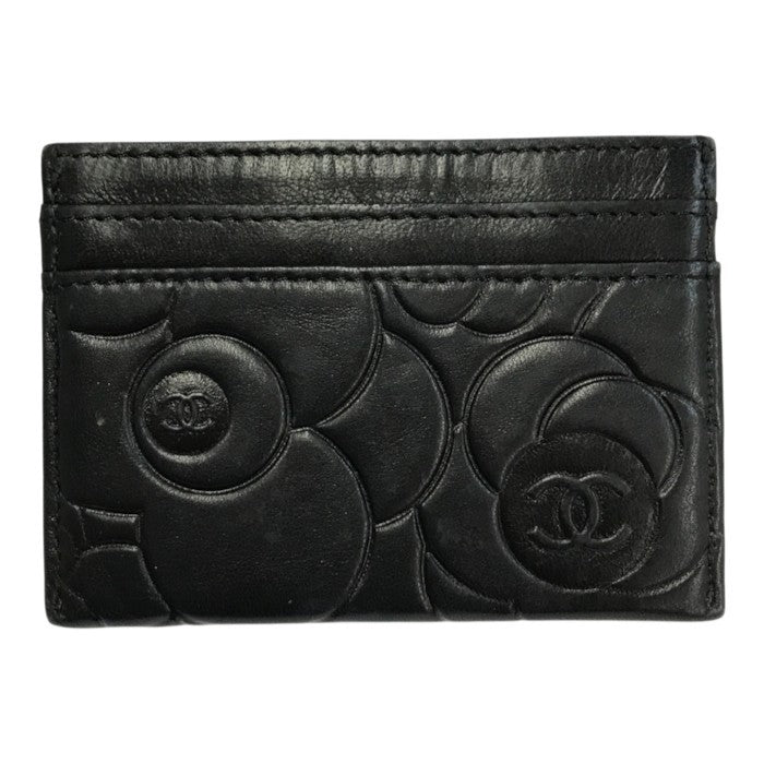 CHANEL シャネル カメリア カードケース レディース レザー エンボス ココマーク シルバー金具 ブラック 中古 T1