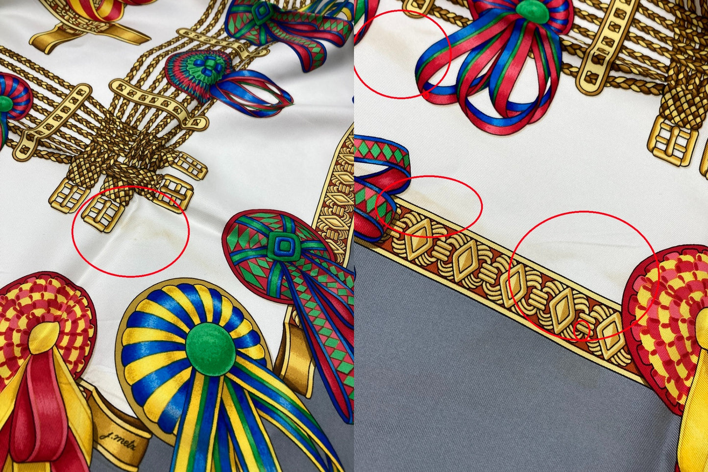 HERMES エルメス カレ90 LES RUBANS DU CHEVAL 馬のリボン スカーフ グレー 中古 D4