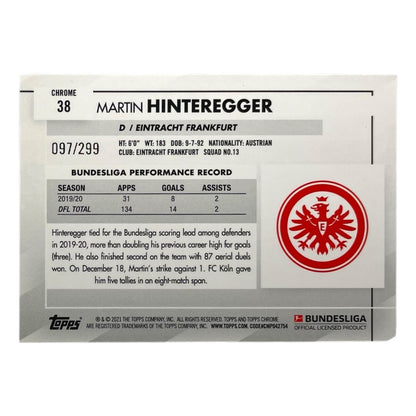 TOPPS サッカーカード CHROME MARTIN HINTEREGGER EINTRACHT FRANKFURT /299 #38 中古 IT2