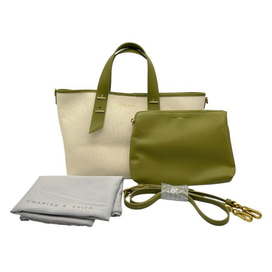 CHARLES&KEITH チャールズアンドキース ダブルハンドル スラウチーバッグ キャンバス 2WAY ハンド ショルダー レディース 鞄 中古 W４