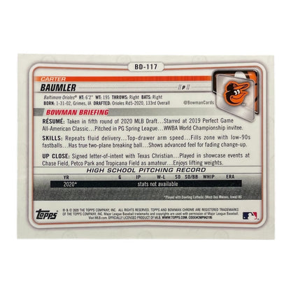 TOPPS MLBカード BOWMAN CHROME 1ST CARTER BAUMLER BALTIMORE ORIOLES #BD-117 中古 IT2