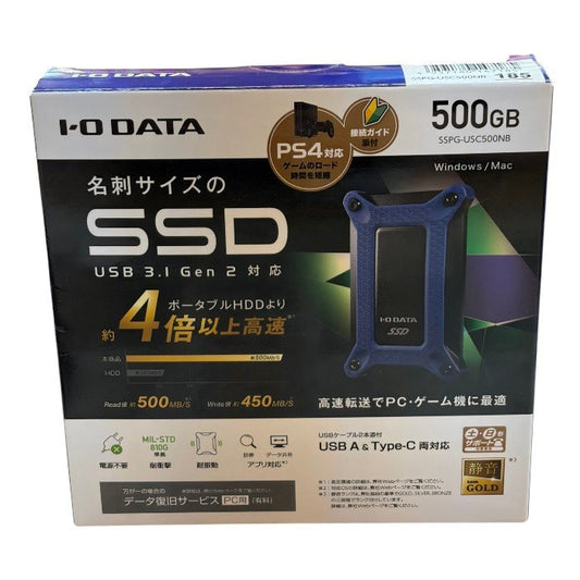 未開封品 I-O DATA ポータブルSSD 500GB USBタイプC 耐衝撃 PS4 Mac 名刺サイズ USB3.1(Gen2) バスパワー SSPG-USC500NB アイ・オー・データ パソコン Windows mac 中古 W４