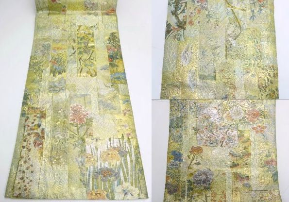 西陣あさぎ プラチナ 本金箔 正絹 袋帯 中古  近代花鳥画 日本美術の花鳥画を織り込んだ豪華絢爛な袋帯です。