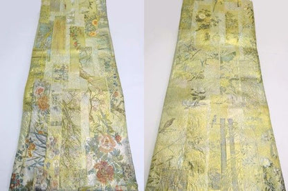 西陣あさぎ プラチナ 本金箔 正絹 袋帯 中古  近代花鳥画 日本美術の花鳥画を織り込んだ豪華絢爛な袋帯です。