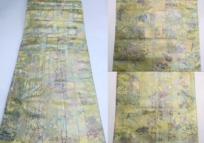 西陣あさぎ プラチナ 本金箔 正絹 袋帯 中古  近代花鳥画 日本美術の花鳥画を織り込んだ豪華絢爛な袋帯です。