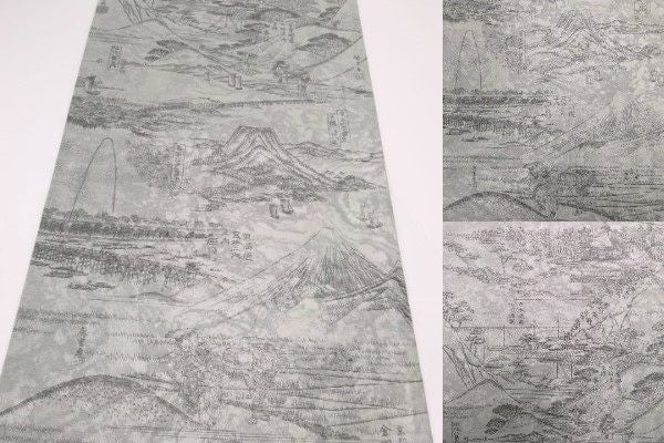 歌川広重 プラチナ 本金箔 正絹 袋帯 中古  六十余州名勝図會が織り込まれた上質な袋帯です。