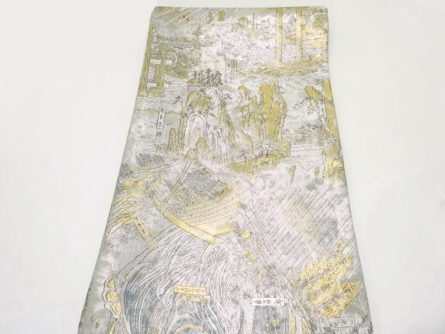 歌川広重 プラチナ 本金箔 正絹 袋帯 中古  六十余州名勝図會が織り込まれた上質な袋帯です。