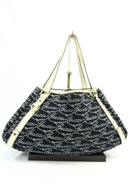 GUCCI ロゴキャンバス トートバッグ 中古  グッチ レザー ネイビー ストライプ